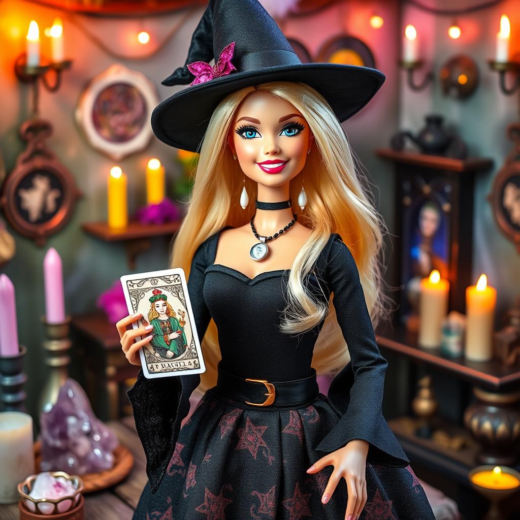 A modern, young blonde Barbie doll portrayed as a happy witch and tarot reader, dressed in a stylish and contemporary witch outfit