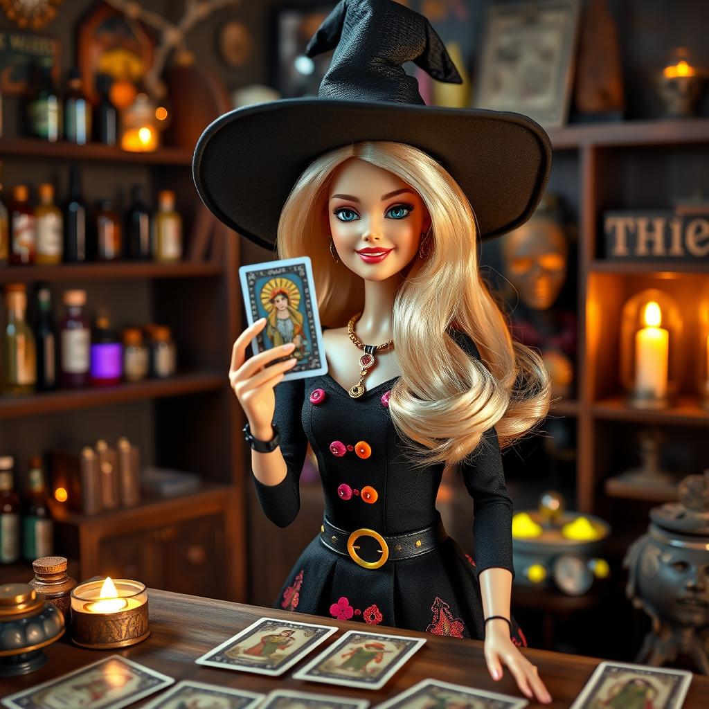 A young blonde Barbie doll styled as a modern witch and tarot reader