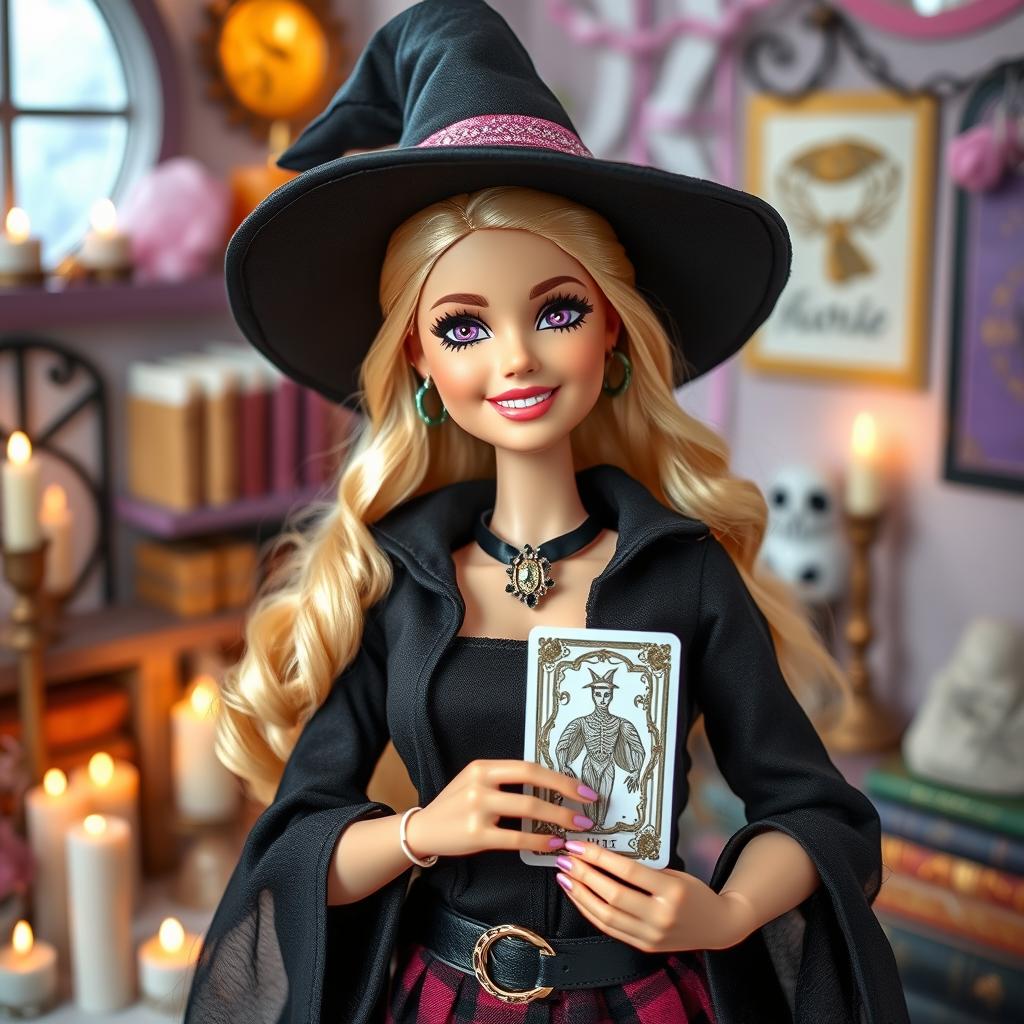 A cheerful young blonde Barbie doll styled as a modern witch and tarot reader, dressed in contemporary witch attire