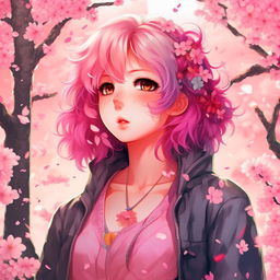 Anime style woman with vibrant colored hair, sparkling eyes filled with determination and a stylish, casual outfit surrounded by cherry blossom petals.