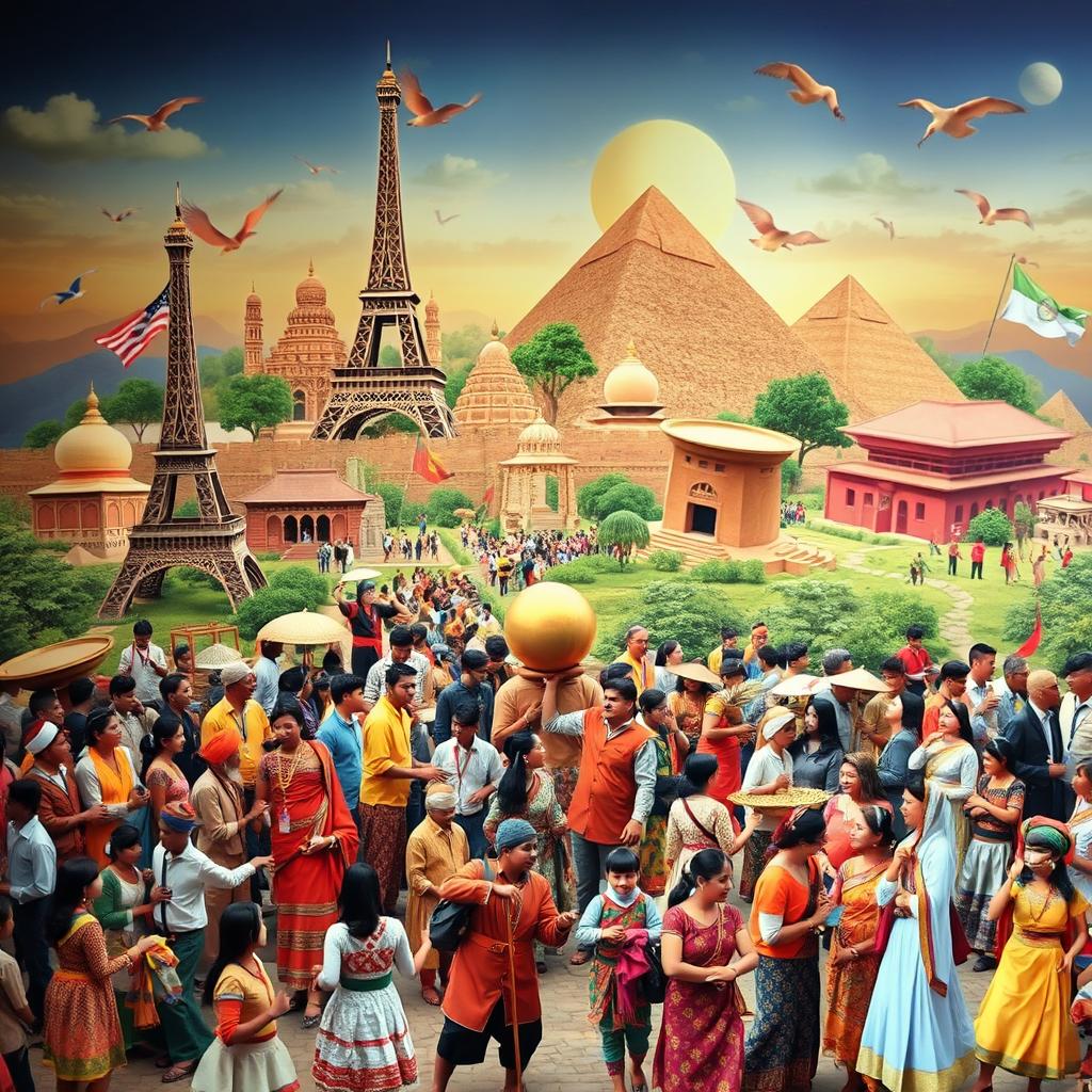 A detailed view showcasing various aspects of world culture including traditional clothing from different countries, cultural festivals, historical landmarks, and artistic expressions such as music and dance