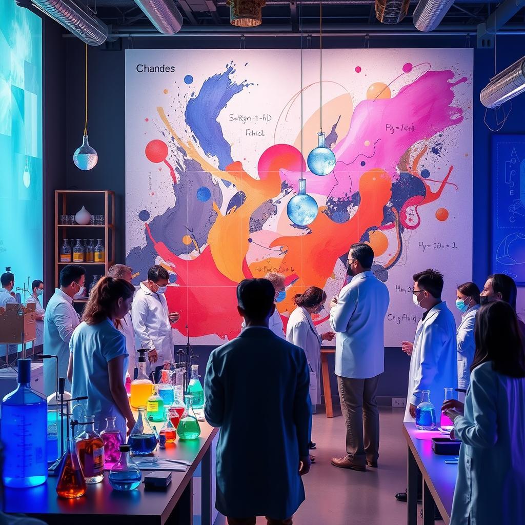 An imaginative and inspiring fusion of science and art, showcasing a vibrant laboratory filled with colorful beakers and scientific equipment alongside a large canvas displaying an abstract masterpiece