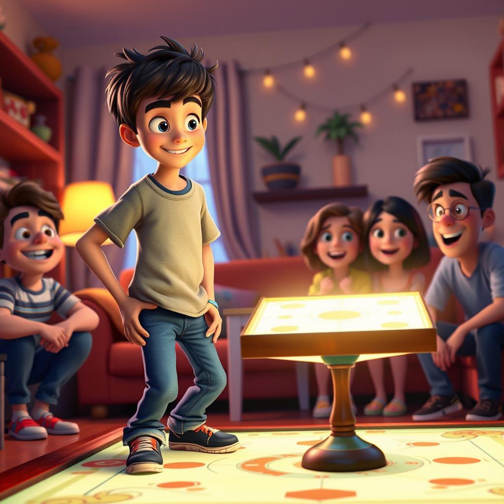 A lively Disney Pixar-style scene featuring a 23-year-old boy with short, tousled hair, standing in an energetic stance while playing carrom
