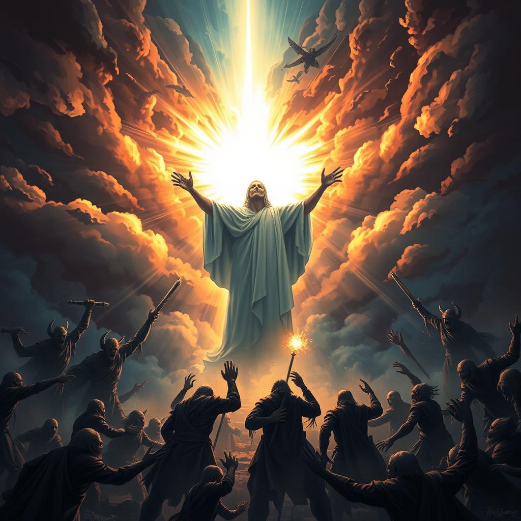 A powerful and dynamic illustration focused on the theme of an iconic name that instills fear in darkness and evil, symbolizing triumph over demonic forces