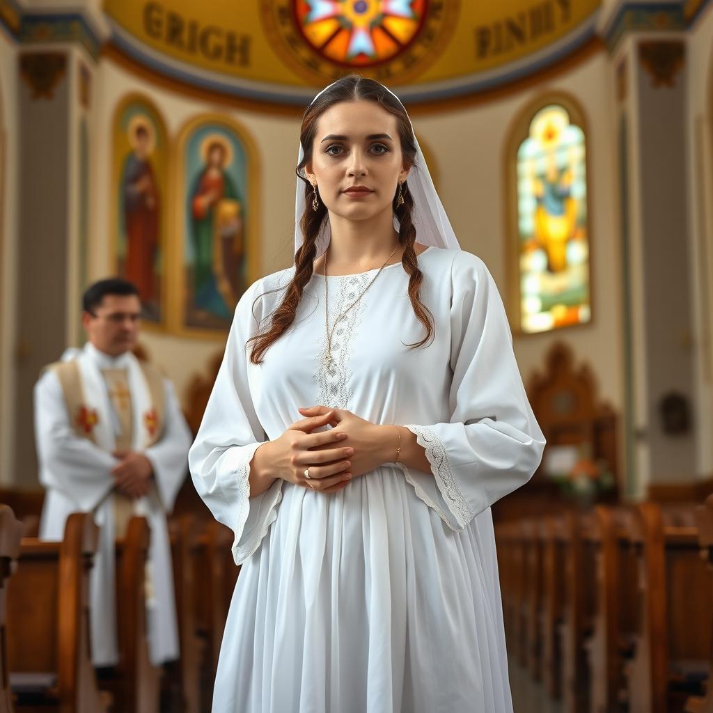 A portrait of a Greek Orthodox woman in traditional attire, standing gracefully in a serene church setting