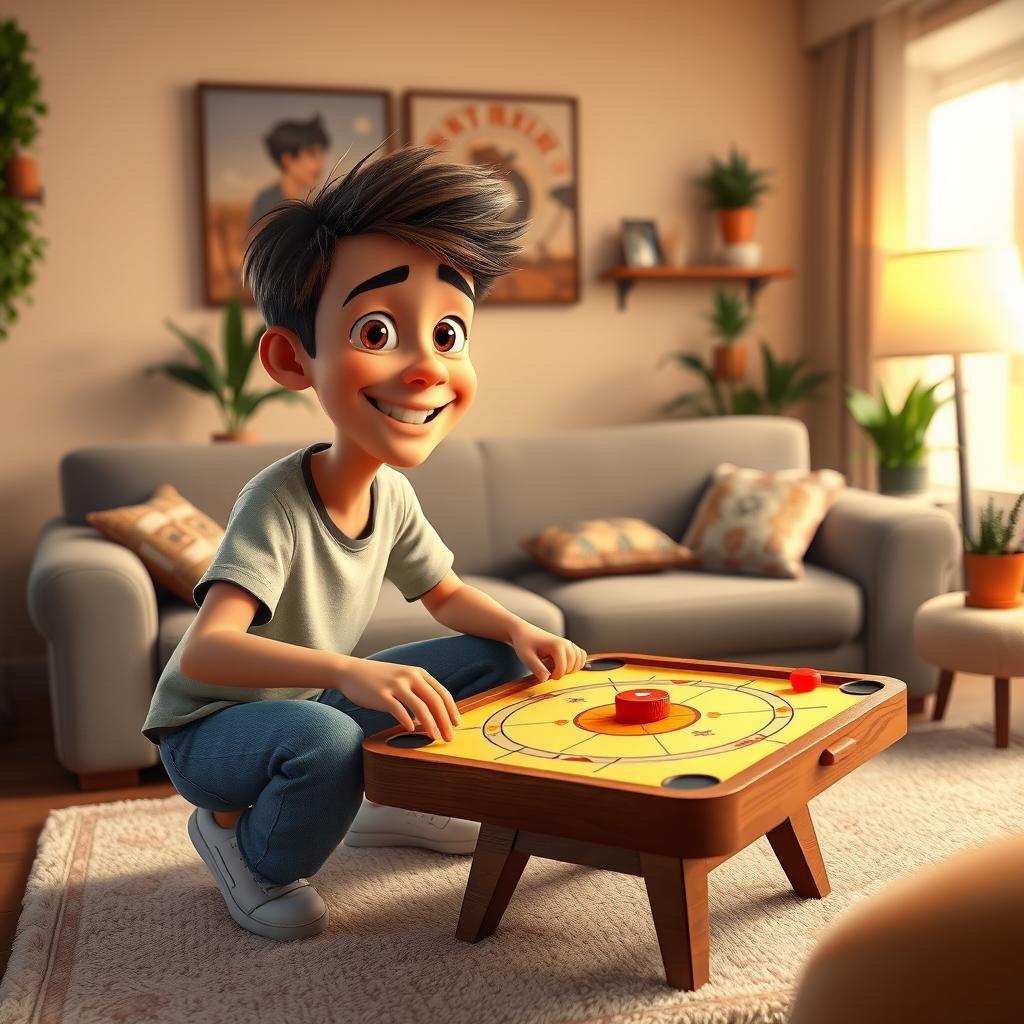 A whimsical Disney Pixar-style scene featuring a 23-year-old boy playing carrom with a cheerful expression