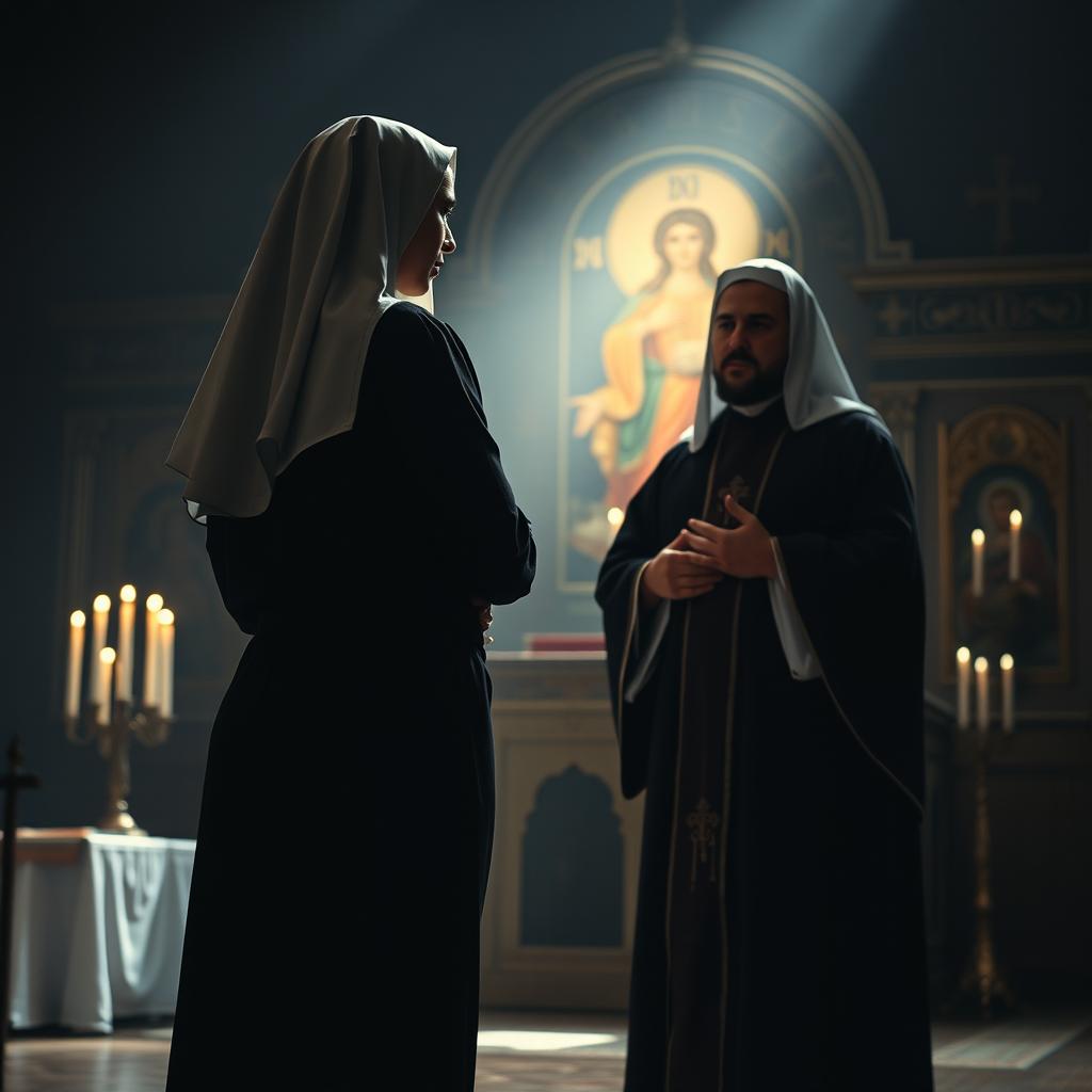 A dramatic scene set in a dimly lit chapel, featuring a Greek Orthodox nun dressed in a habit