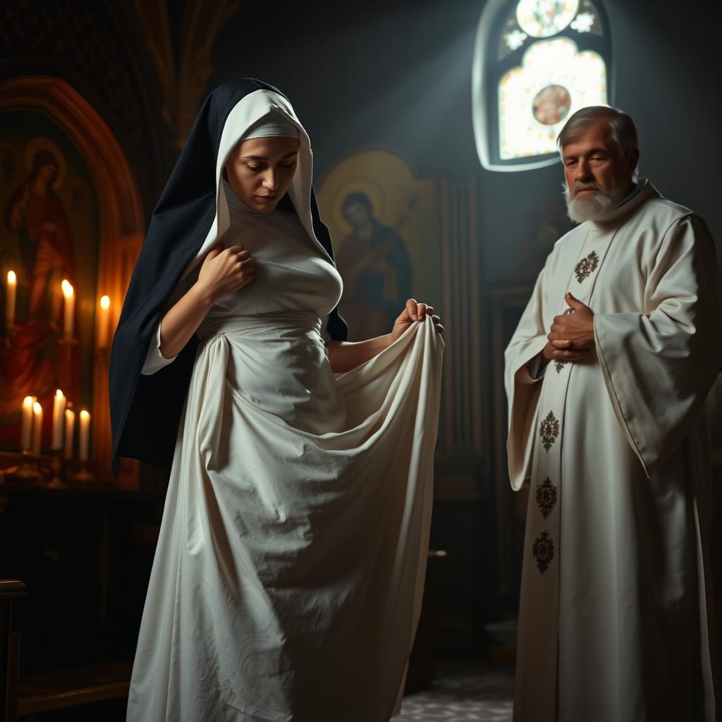A poignant scene in a dimly lit Greek Orthodox chapel, where a nun in a traditional habit is depicted in a moment of vulnerability