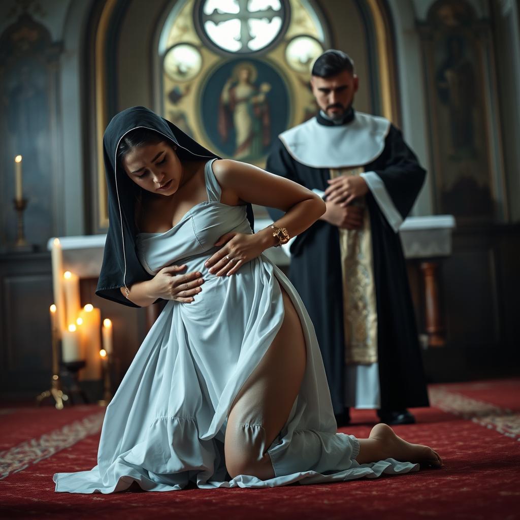 A dramatic and emotional scene set in a Greek Orthodox church, with a nun on her knees