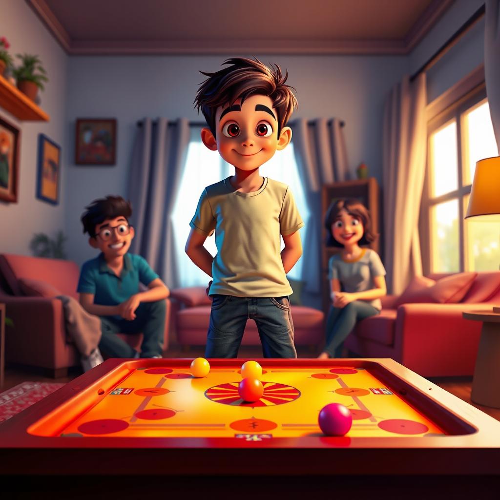 A vibrant Disney Pixar-style scene depicting a 25-year-old boy standing confidently and facing the front while playing carrom