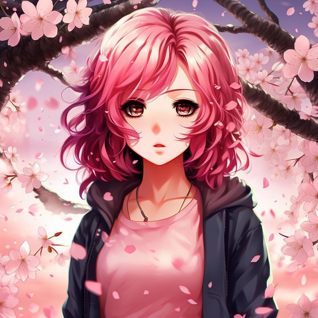 Anime style woman with vibrant colored hair, sparkling eyes filled with determination and a stylish, casual outfit surrounded by cherry blossom petals.