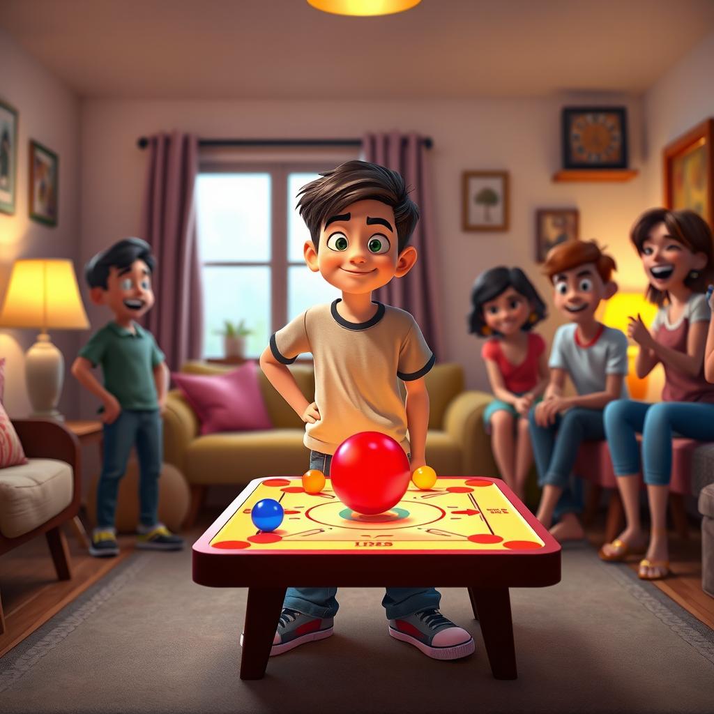 A vibrant Disney Pixar-style scene depicting a 25-year-old boy standing confidently and facing the front while playing carrom