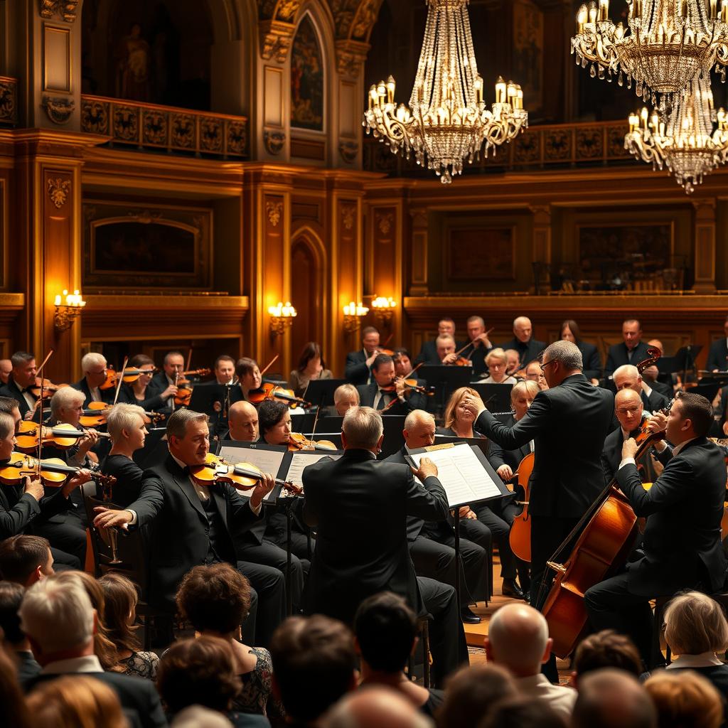 A grand orchestral scene featuring a diverse group of musicians playing various instruments, including violins, cellos, flutes, and trumpets