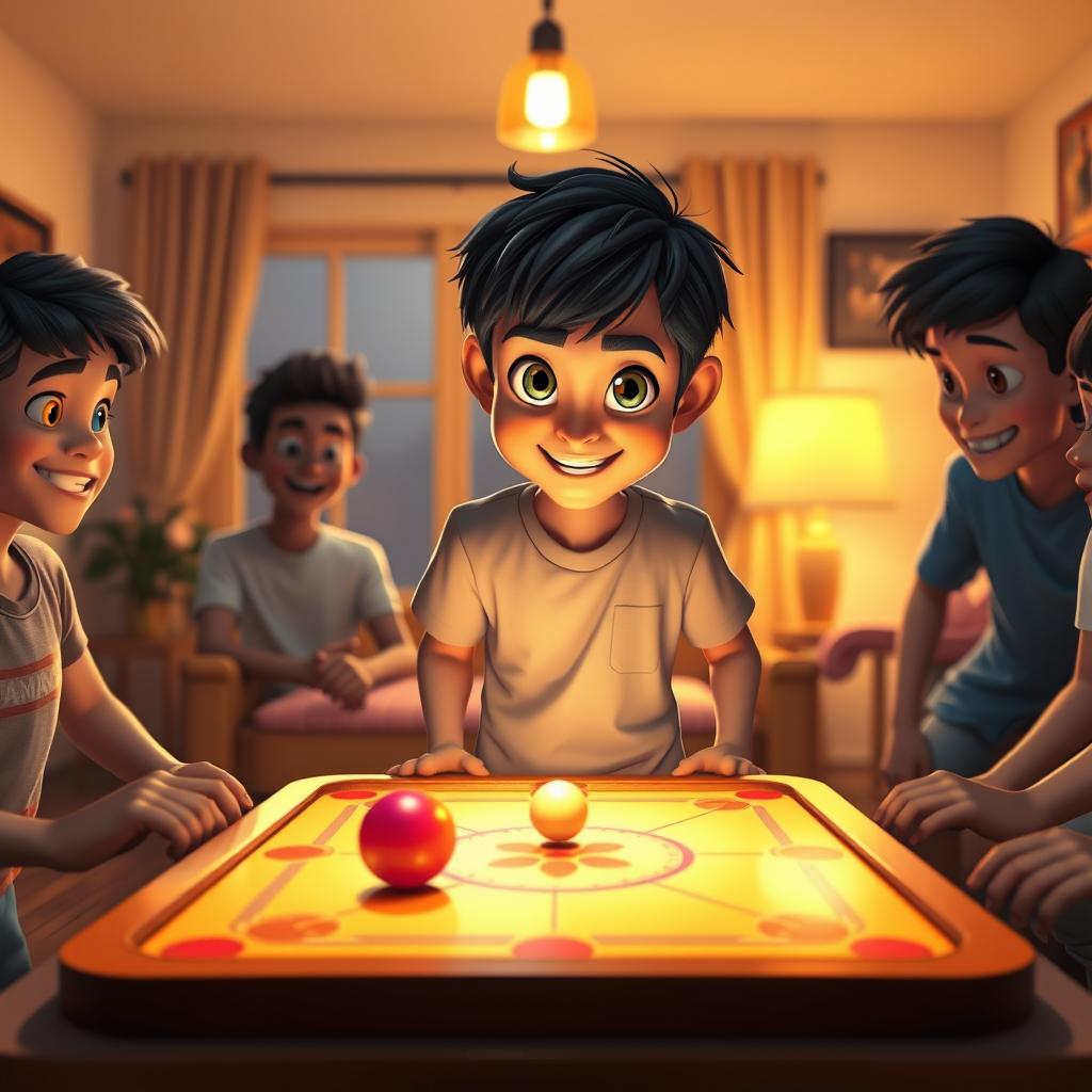 A lively Disney Pixar-style scene showcasing a 25-year-old boy standing and playing carrom, facing the front