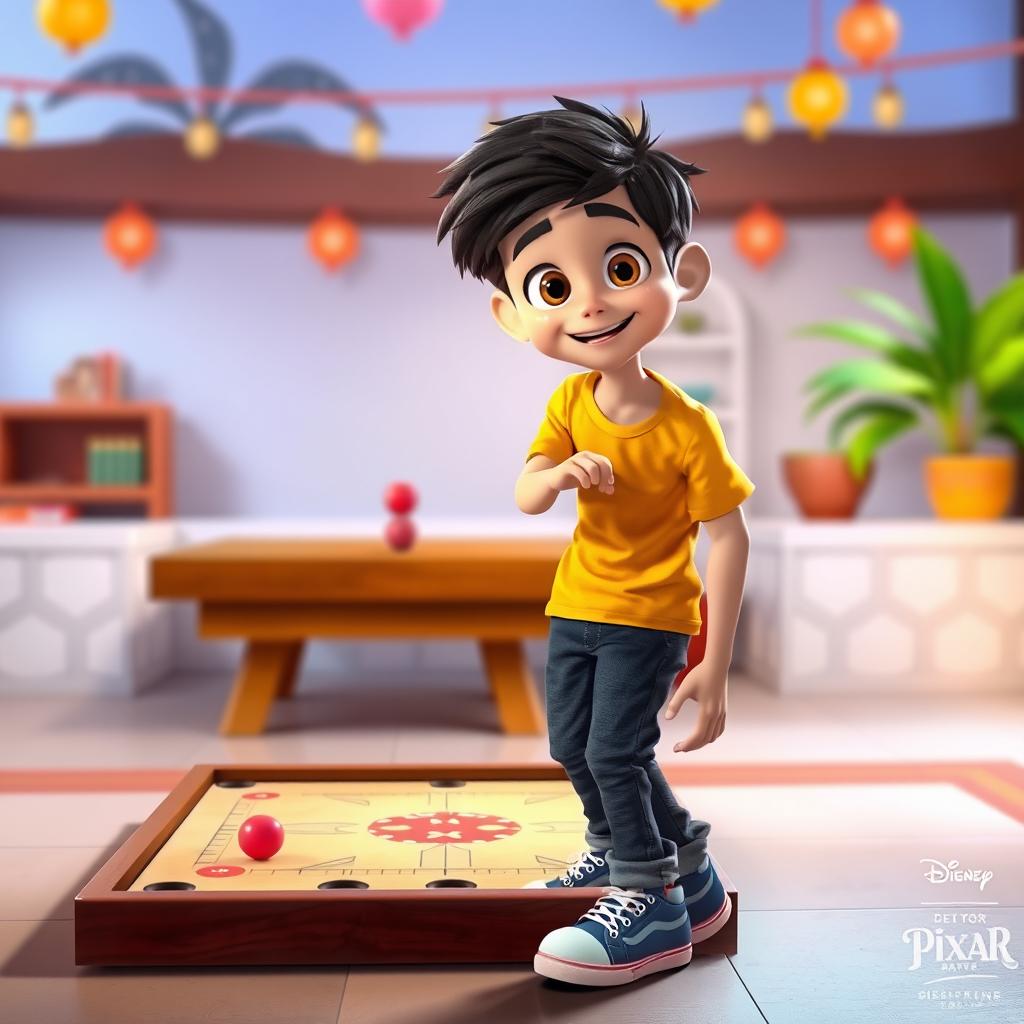 A vibrant Disney Pixar-style scene featuring a 25-year-old boy standing and playing carrom, facing the front