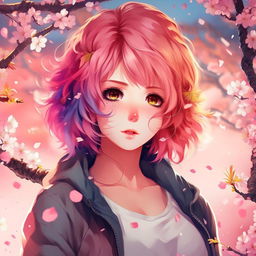 Anime style woman with vibrant colored hair, sparkling eyes filled with determination and a stylish, casual outfit surrounded by cherry blossom petals.