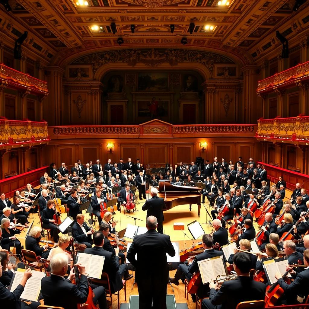 A grand orchestra stage filled with musicians preparing for a concert