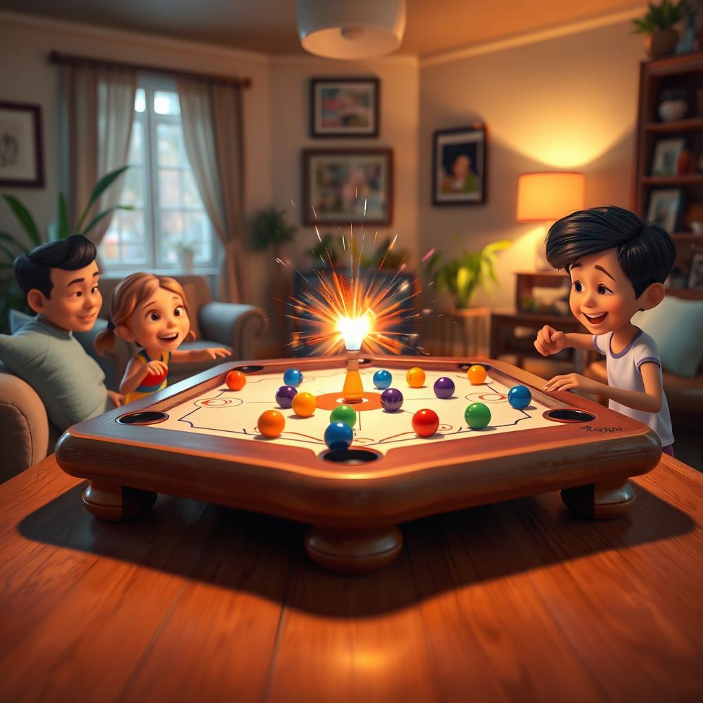 A vibrant Pixar-style scene depicting a carrom game in action on a wooden table