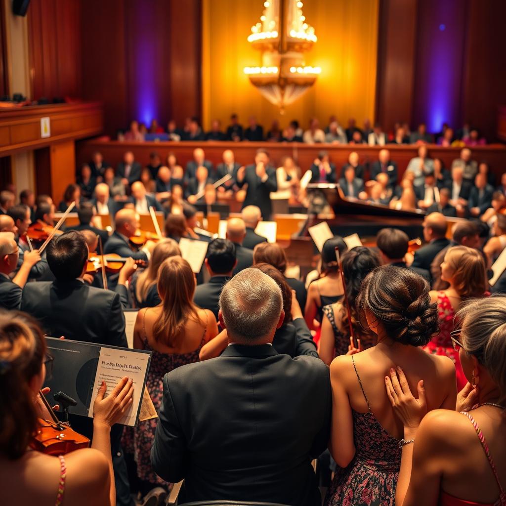 A vibrant scene of an orchestra performance from the audience's perspective, showcasing a diverse group of people engaged and mesmerized by the music
