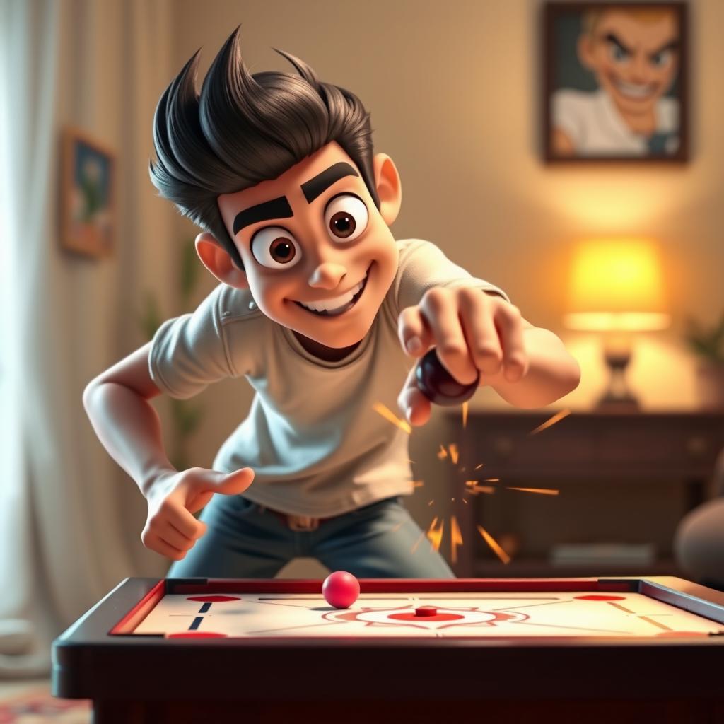 A dynamic Pixar-style scene featuring a male character in action, preparing to shoot the striker in a game of carrom