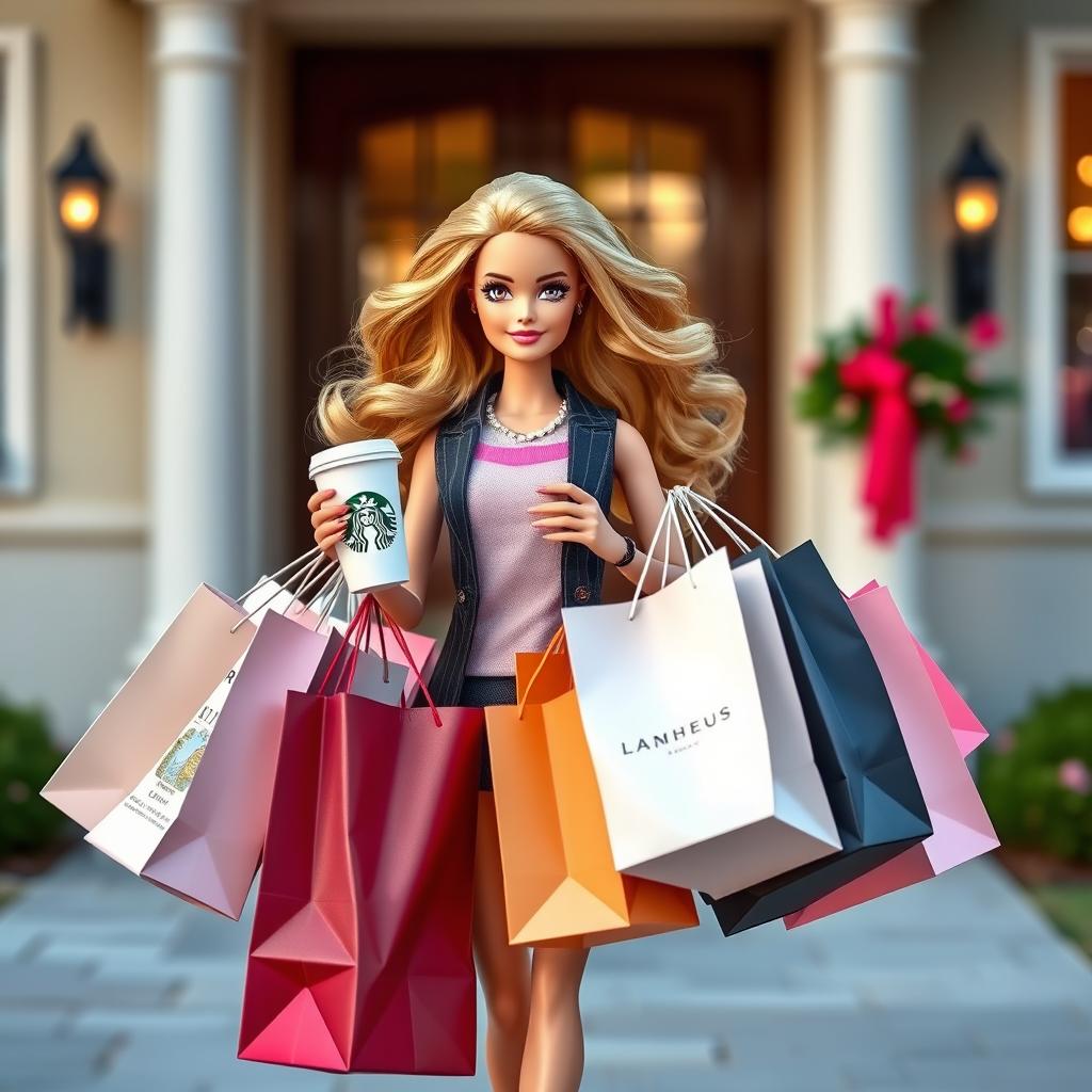A stylish Barbie doll walking while holding numerous shopping bags from luxury brands in her arms