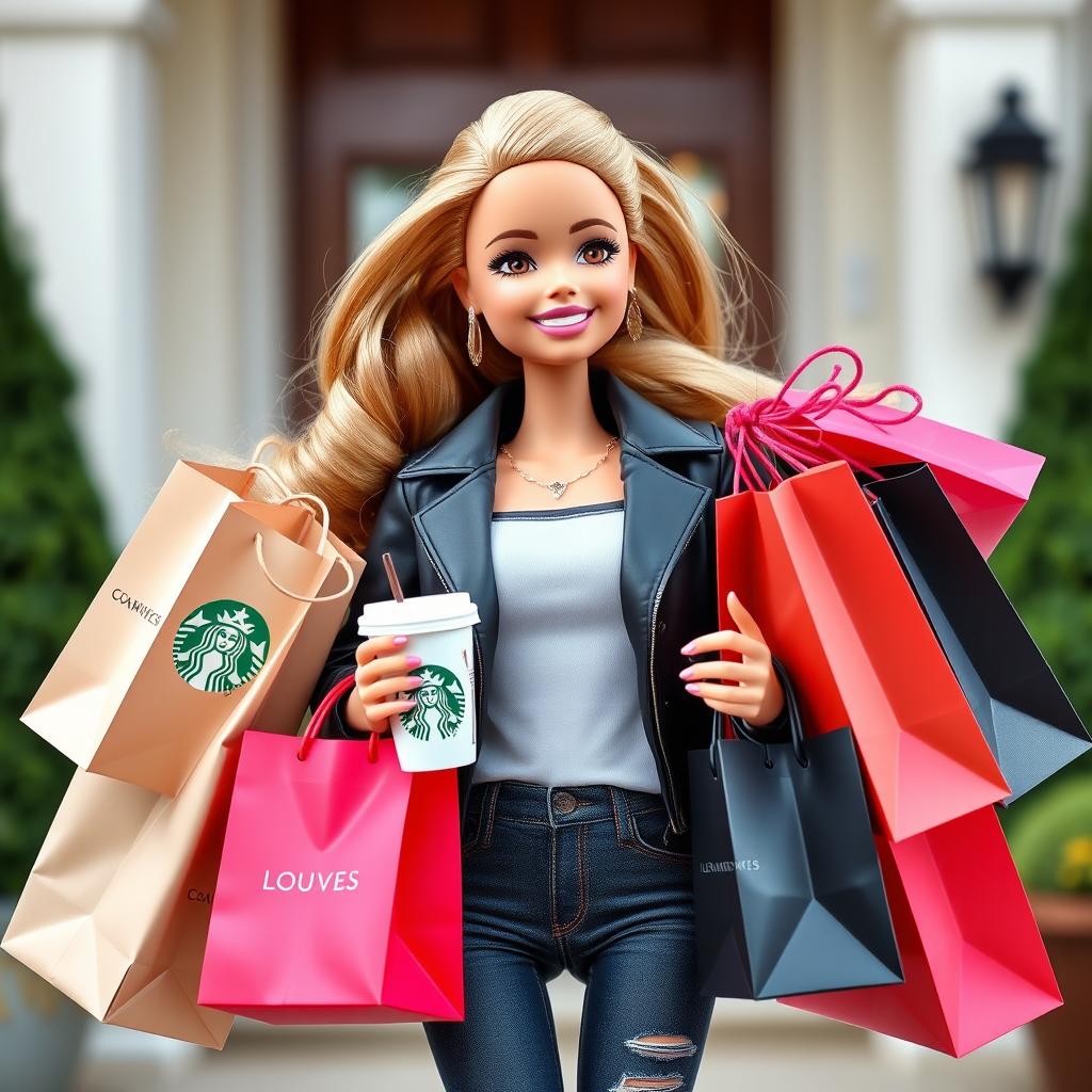 A young Barbie doll, laughing and dressed in a modern fashionable outfit, holding many shopping bags from luxury brands in her arms