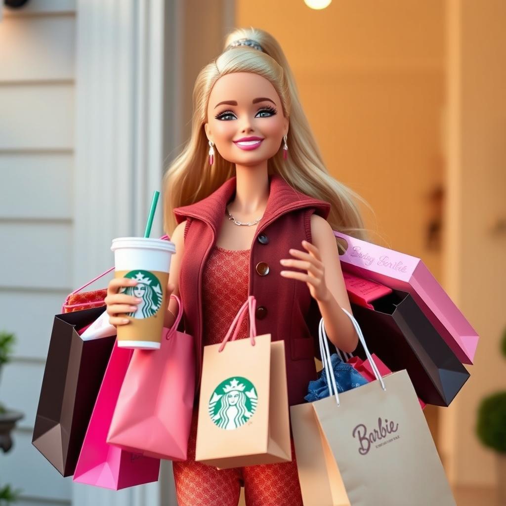 A young Barbie doll laughing while holding several shopping bags filled with luxury clothing brands in her arms