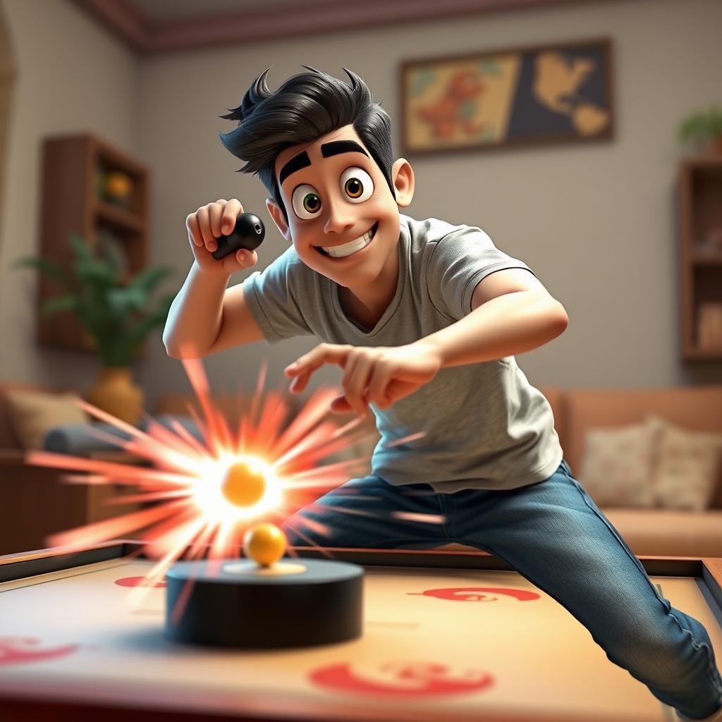 A dynamic Pixar-style scene featuring a male character in action, preparing to shoot the striker in a game of carrom