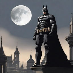 Batman, the Dark Knight, in black armor, standing on an ominous, gothic rooftop with a hazy moon in the background. A high-tech Batmobile awaits him in the shadows.