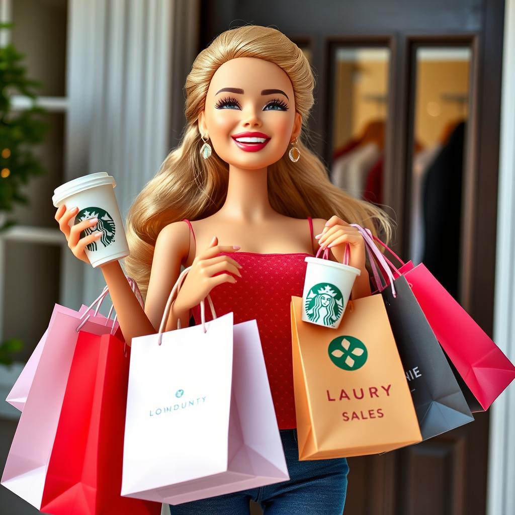 A young Barbie doll laughing while holding many shopping bags filled with luxury clothing brands in her arms