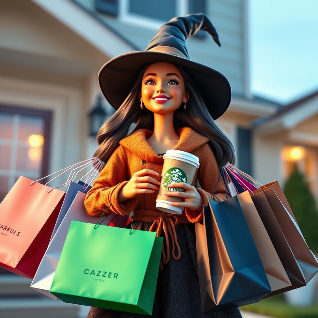 A young Barbie witch, joyfully laughing while holding an abundance of clothes shopping bags from luxury brands in her arms