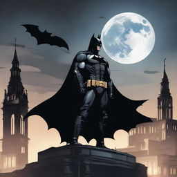 Batman, the Dark Knight, in black armor, standing on an ominous, gothic rooftop with a hazy moon in the background. A high-tech Batmobile awaits him in the shadows.