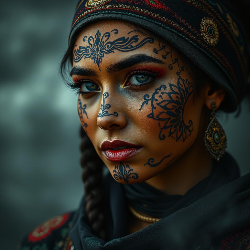 A beautiful woman adorned with intricate Henna print on her face, featuring a stunning combination of red, black, and green ink in a traditional Henna style