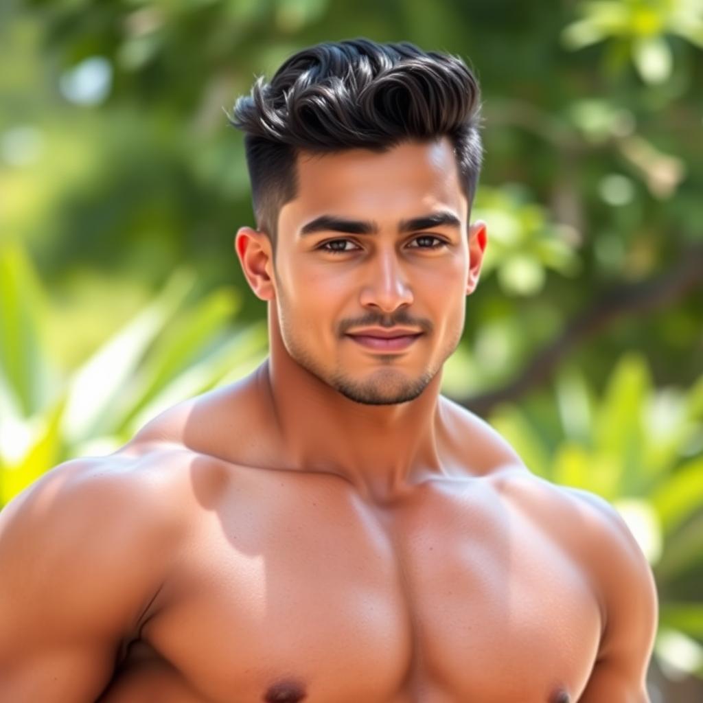 A handsome muscular young man with black hair, defined jawline, and olive skin