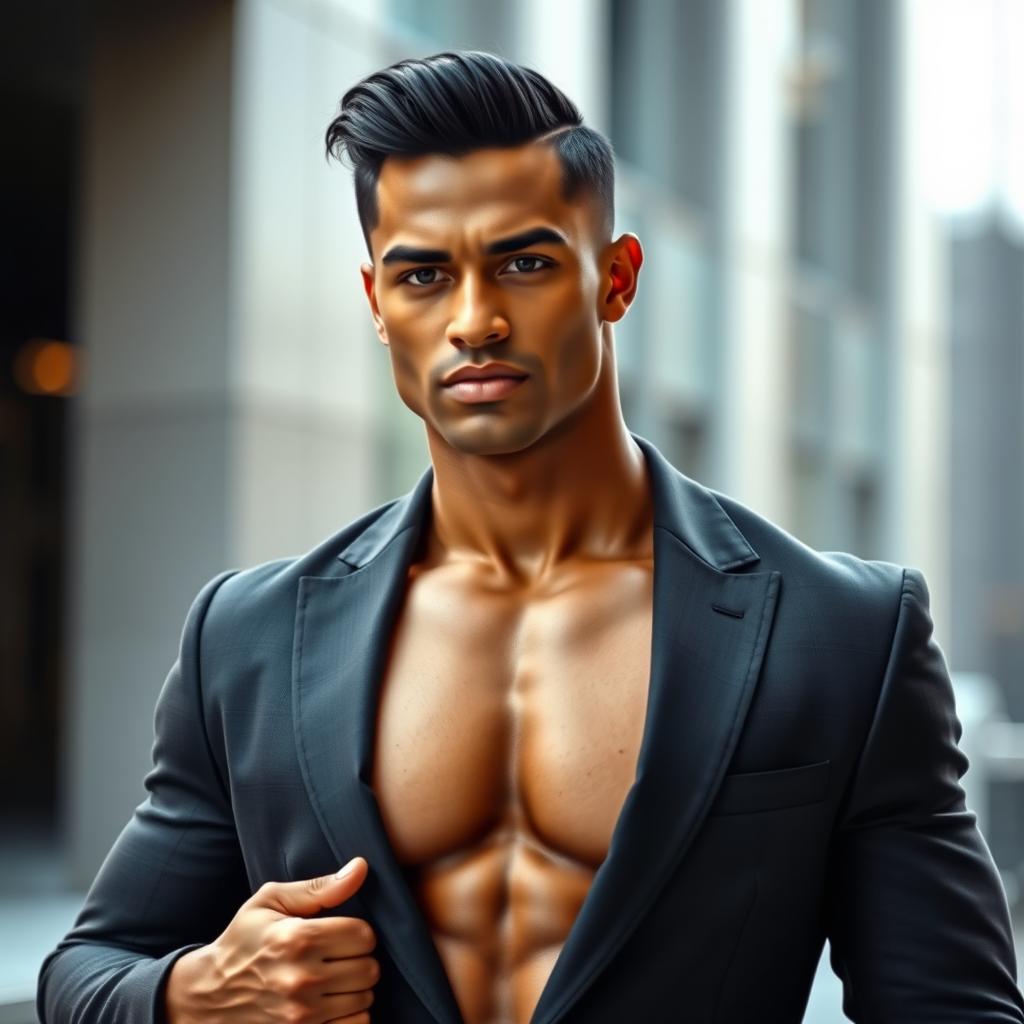 A muscular young man wearing a tailored suit, featuring sleek black hair and strong jawline