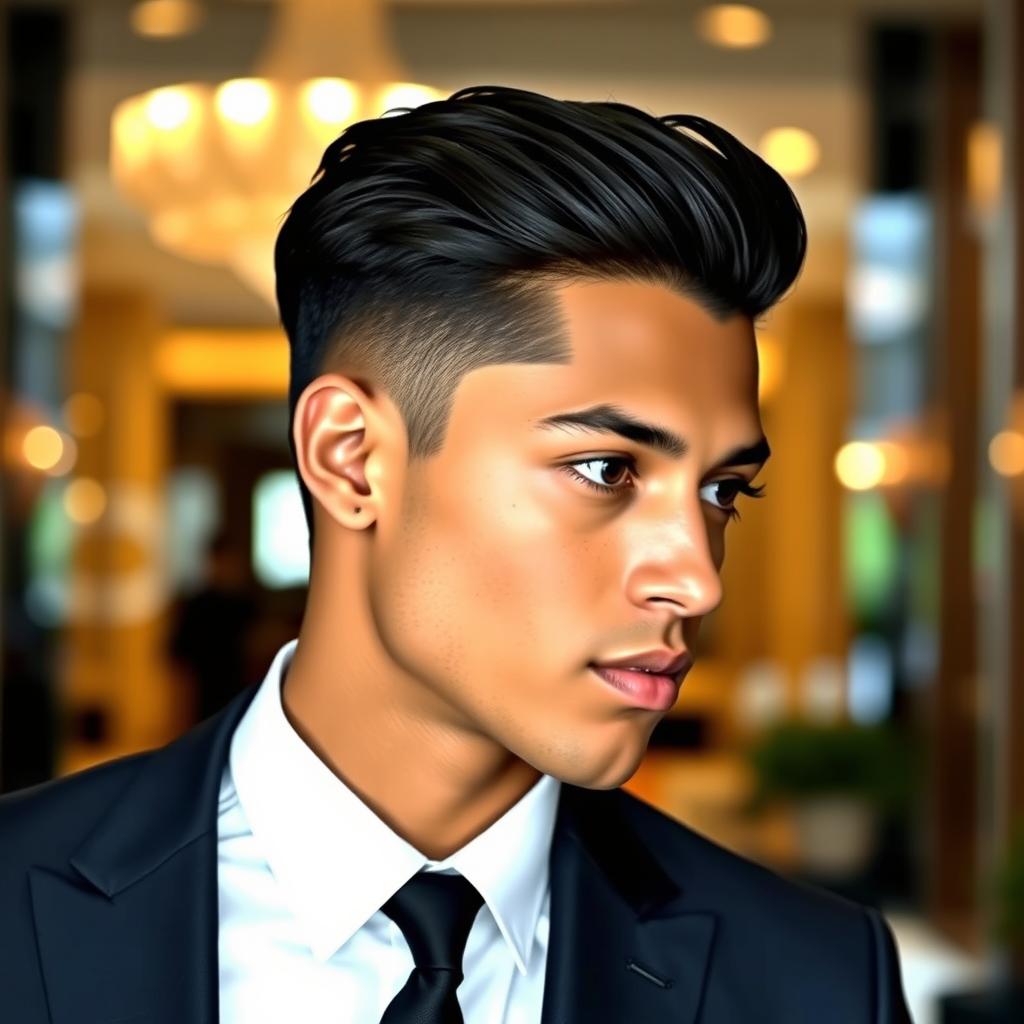 A young man dressed in a stylish suit, featuring sleek black hair and a sharp jawline