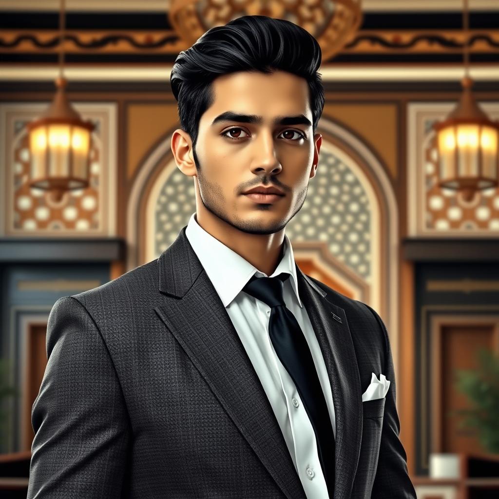 An Iranian young man in a stylish tailored suit, featuring smooth and elegant black hair