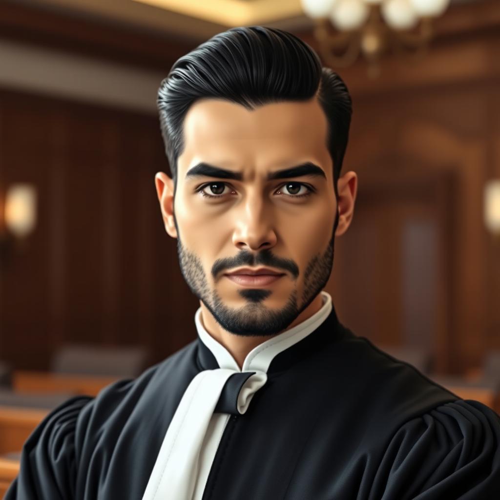 A stylish Iranian man characterized as a judge, with sleek black hair and a well-groomed black stubble