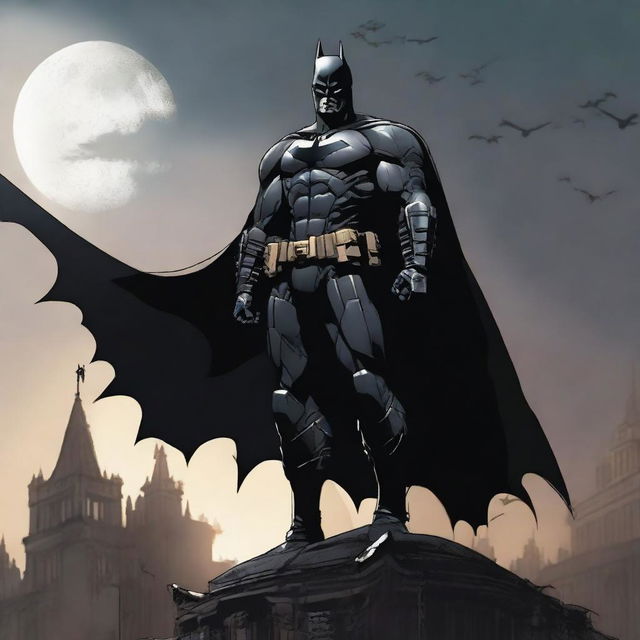 Batman, the Dark Knight, in black armor, standing on an ominous, gothic rooftop with a hazy moon in the background. A high-tech Batmobile awaits him in the shadows.