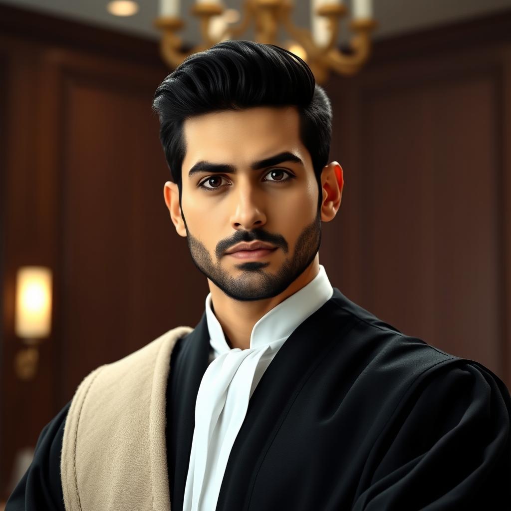 A stylish Iranian man depicted as a judge, featuring black hair and striking black eyes