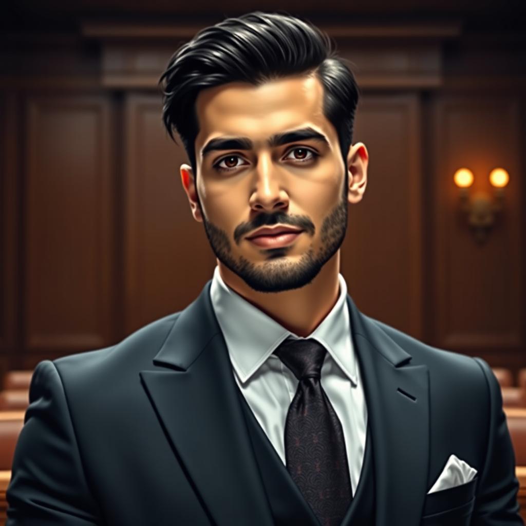 A stylish Iranian man depicted as a judge, wearing a sharp suit