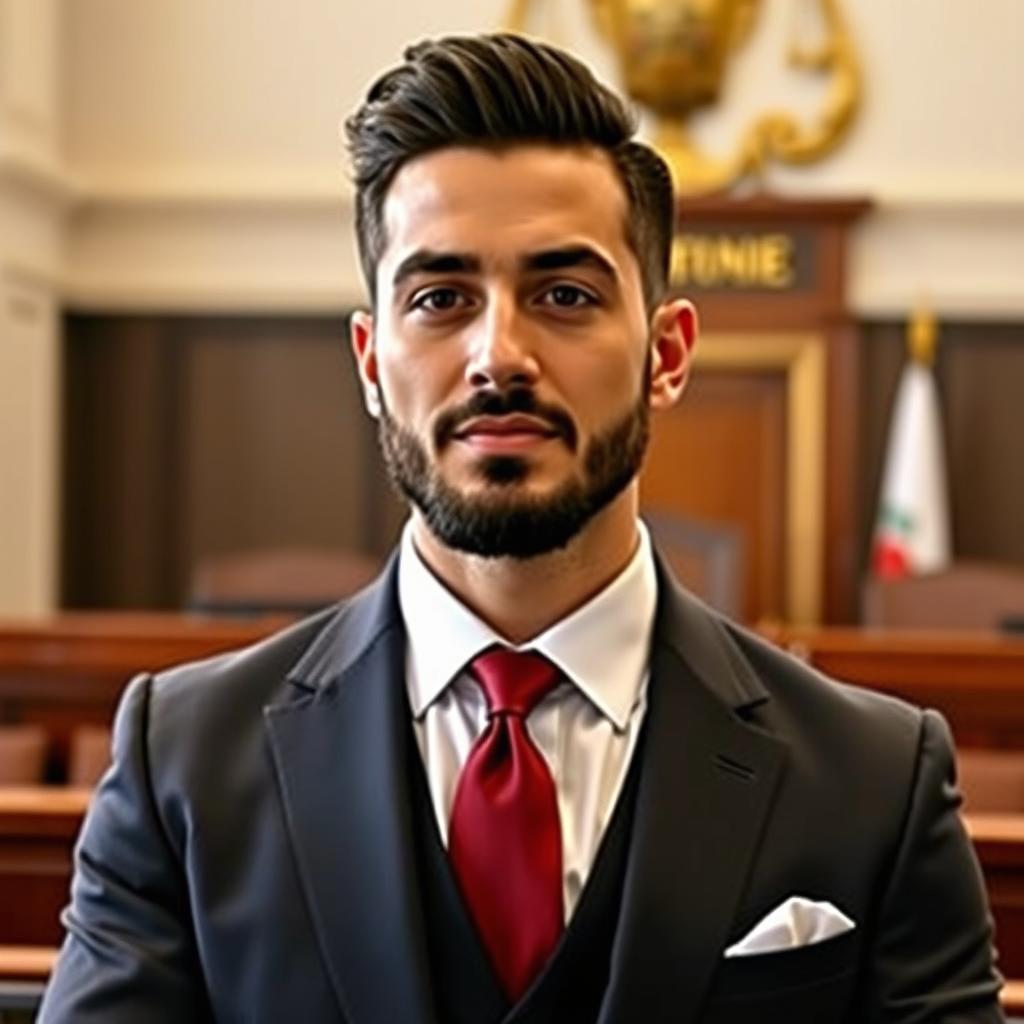 A stylish Iranian judge, dressed in a tailored suit, sporting a trendy short hairstyle and a well-groomed beard