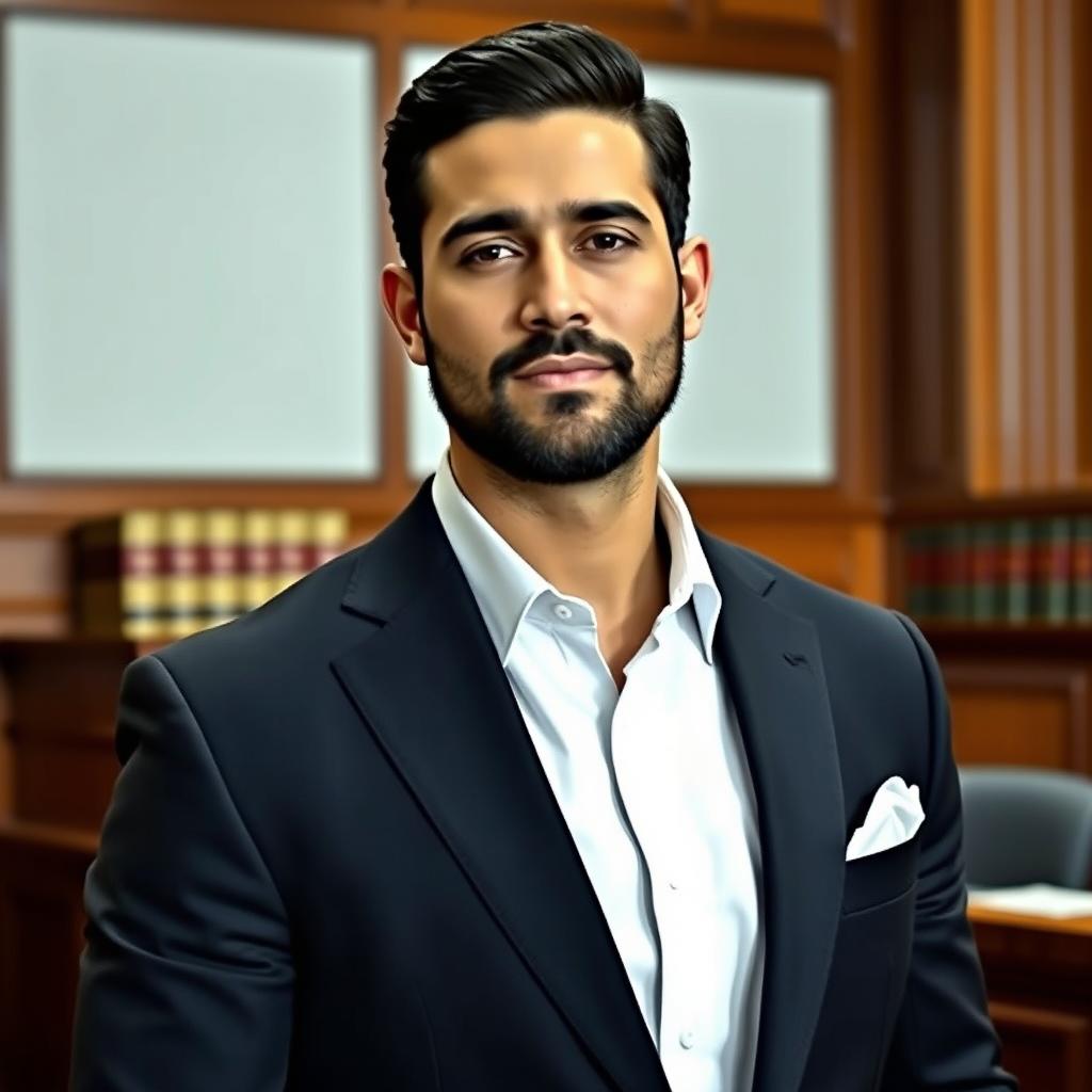 A stylish Iranian man in a tailored suit, with short black hair and a well-groomed beard, standing confidently in a courtroom