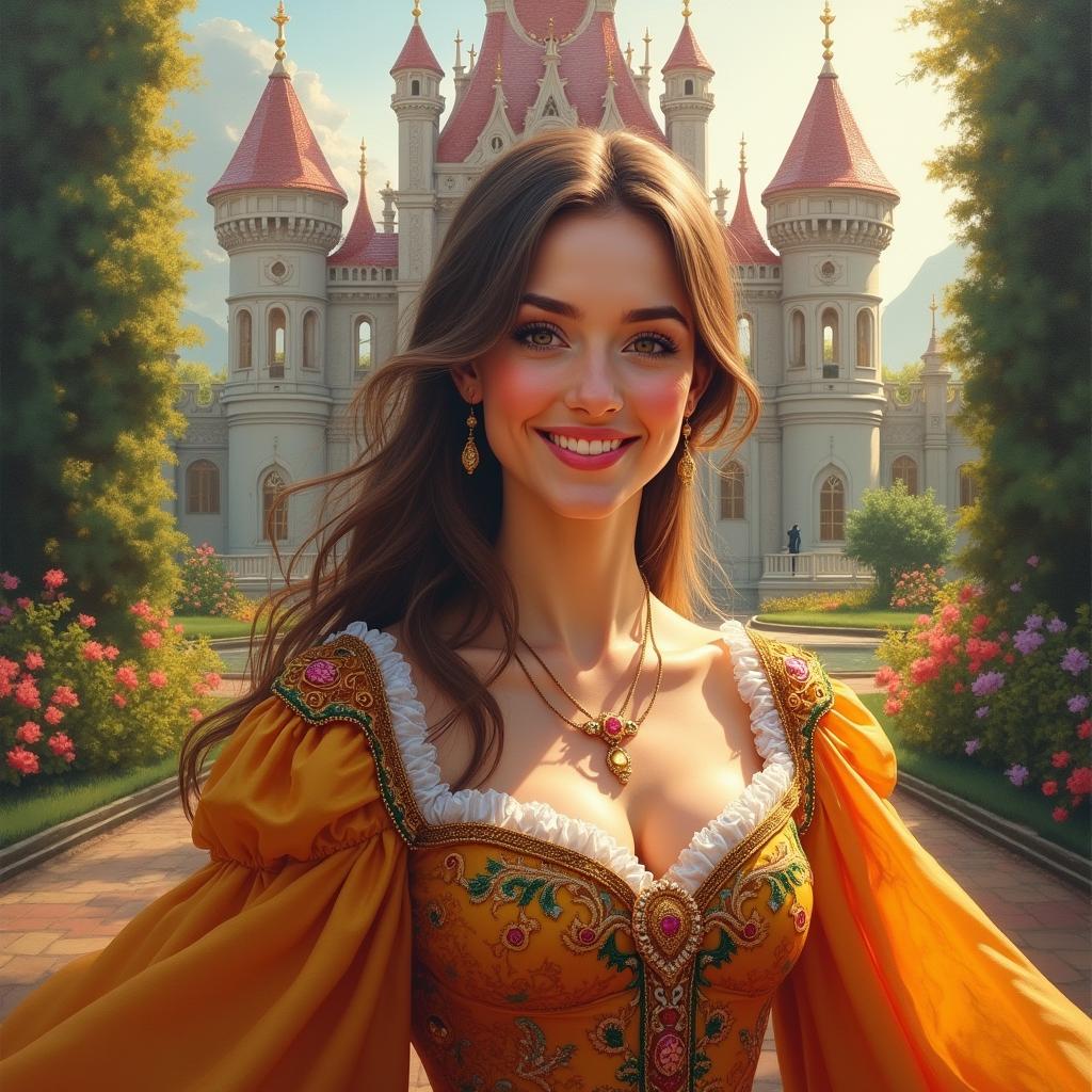 An oil painting featuring a happy and pretty queen in a magnificent royal gown adorned with intricate patterns and vibrant colors
