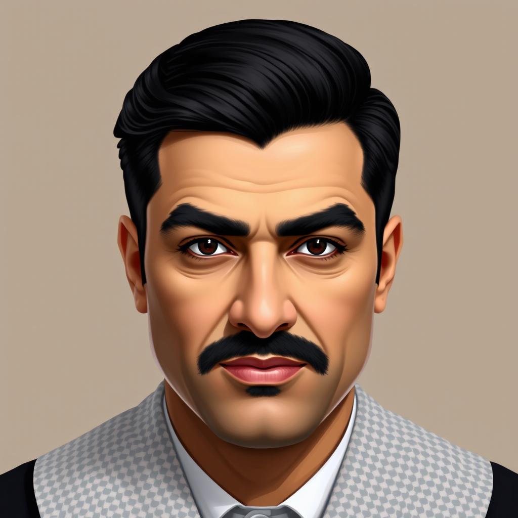 A distinguished Iranian male judge characterized by strong masculine features