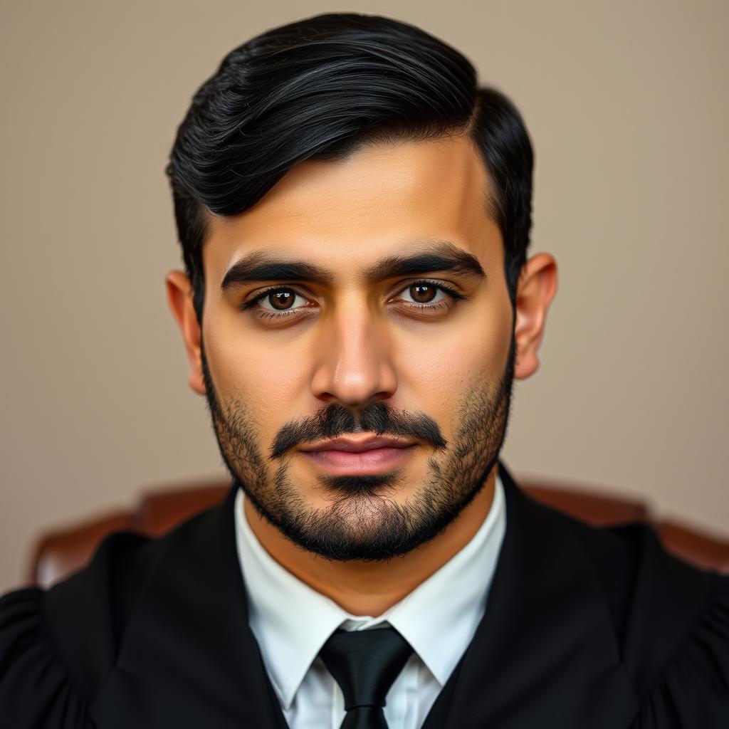 An attractive and handsome Iranian male judge, characterized by strong masculine features