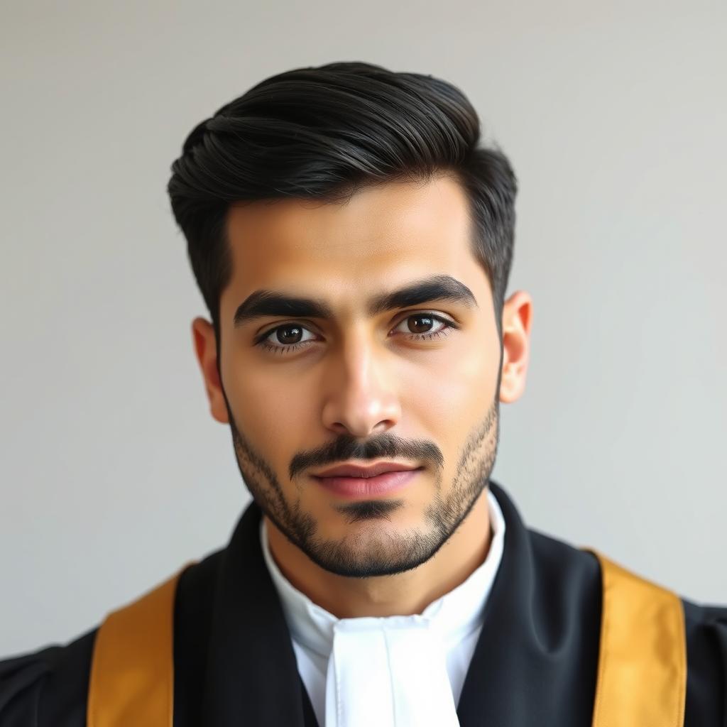 An attractive and handsome Iranian male judge, showcasing strong masculine features