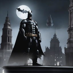 Batman, the Dark Knight, in black armor, standing on an ominous, gothic rooftop with a hazy moon in the background. A high-tech Batmobile awaits him in the shadows.