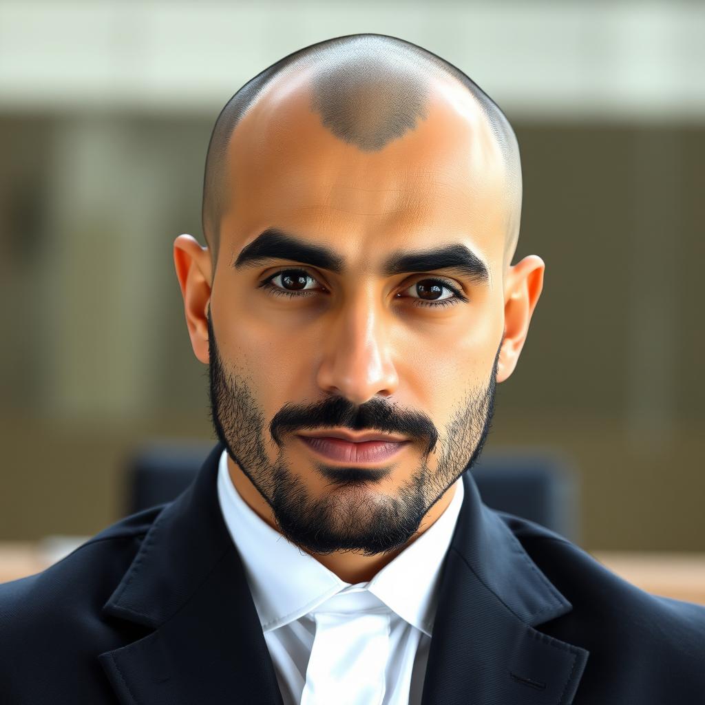 An attractive Iranian male judge with strong masculine facial features including defined lips and a prominent jawline