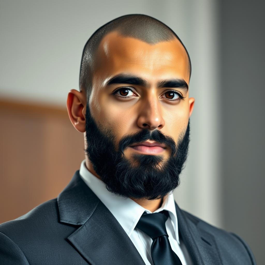 An attractive Iranian male judge featuring strong masculine characteristics such as defined lips and a prominent jawline